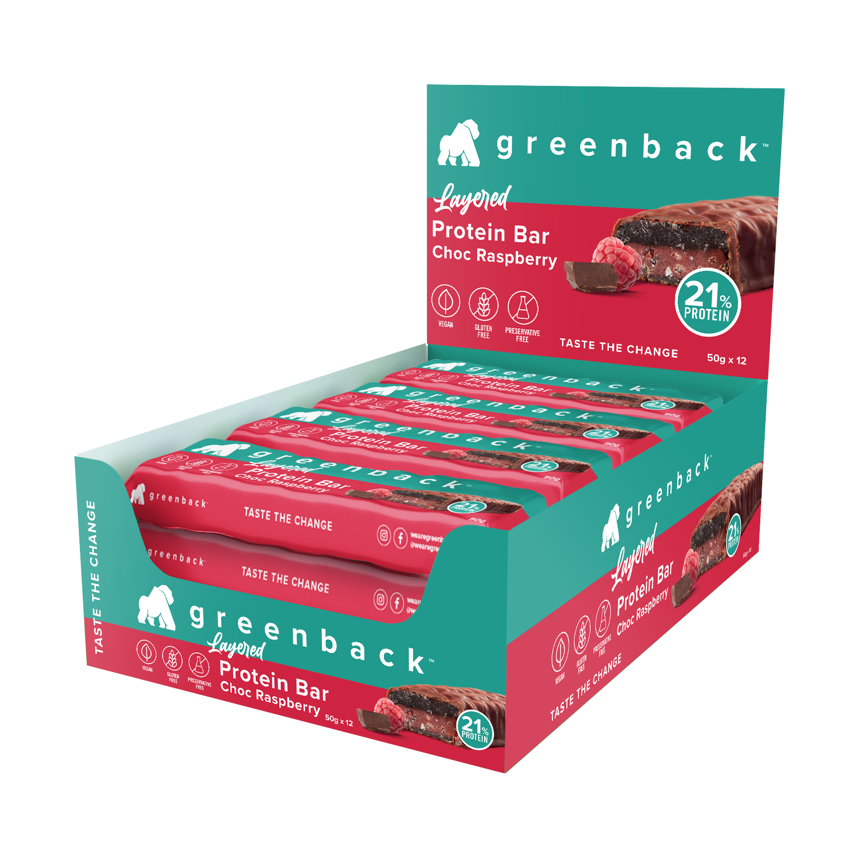 Plant-Based Layered Choc Raspberry Protein Bar 50g x 12pk