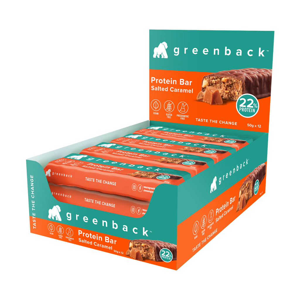 greenback plant-based salted caramel protein bar 50g X 12 tray - save $12.36